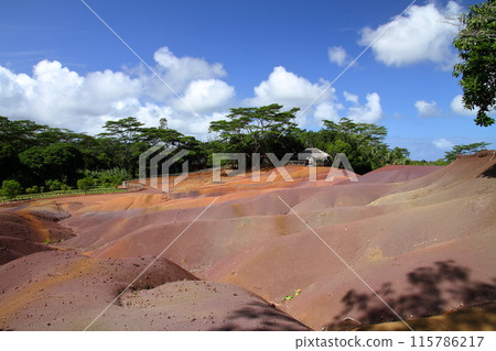 The seven-coloured earth of Chamarel village in Black River prefecture in the west of Mauritius, an island nation also known as the Lady of the Indian Ocean 115786217
