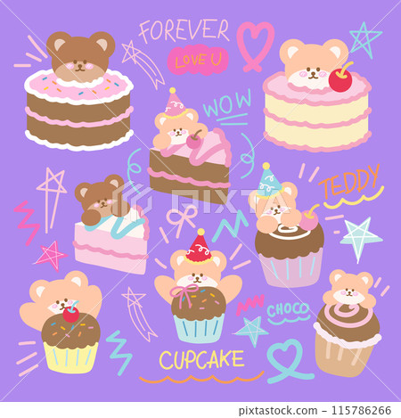 Cake pound, cake slice and cupcake with teddy bear for sweet dessert, cafe, restaurant, menu, recipe, cartoon character, comic, mascot, plush toy, doll, birthday party, card, print, logo, sticker, ads Cake pound, cake slice and cupcake with teddy bear for sweet dessert, cafe, restaurant, menu, recipe, cartoon character, comic, mascot, plush toy, doll, birthday party, card, print, logo, sticker, ads 115786266