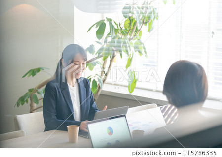 Female employees having a meeting 115786335