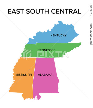East South Central states, multi colored political map. United States Census division of the South region, consisting of the states Alabama, Kentucky, Mississippi, and Tennessee. Isolated illustration East South Central states, multi colored political map. United States Census division of the South region, consisting of the states Alabama, Kentucky, Mississippi, and Tennessee. Isolated illustration 115786389