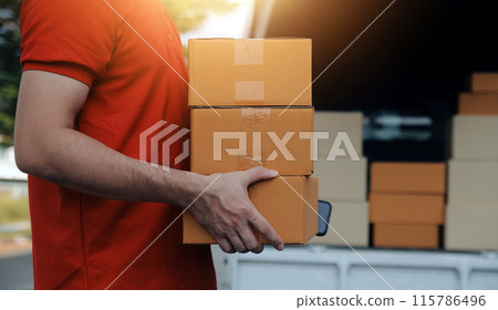 Asian delivery express courier young man use giving boxes to woman customer he wearing protective face mask at front home Asian delivery express courier young man use giving boxes to woman customer he wearing protective face mask at front home 115786496