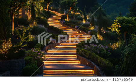 Illuminated garden path at twilight. 115786549