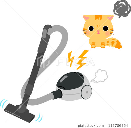 A running vacuum cleaner and a scared tabby cat 115786564