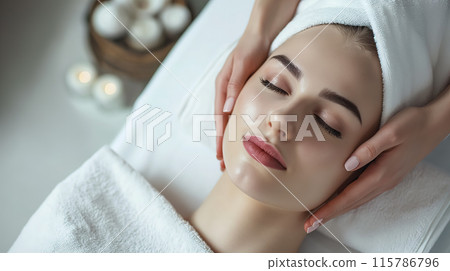 A serene young woman relaxing at spa. 115786796