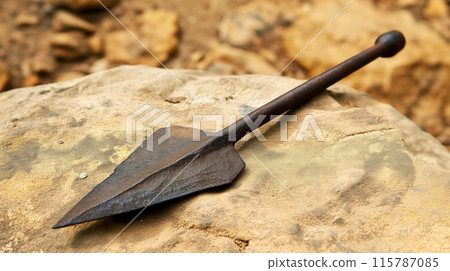 Ancient spearhead on rock, symbol of heritage. Ancient spearhead on rock, symbol of heritage. 115787085