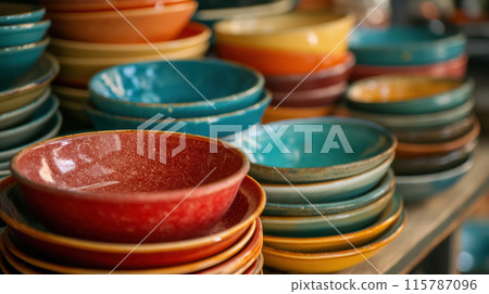 Stacks of colorful ceramic bowls on display. Stacks of colorful ceramic bowls on display. 115787096