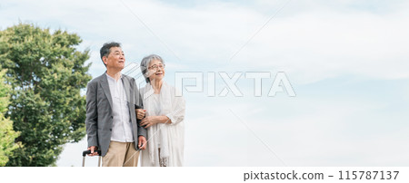 帶著行李箱旅行的老年夫婦(老年生活/活躍的老年人) 帶著行李箱旅行的老年夫婦(老年生活/活躍的老年人) 115787137