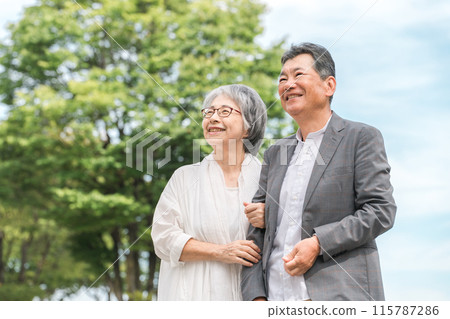 Friendly senior couple arm in arm in the park (healthy life expectancy, senior life) Friendly senior couple arm in arm in the park (healthy life expectancy, senior life) 115787286