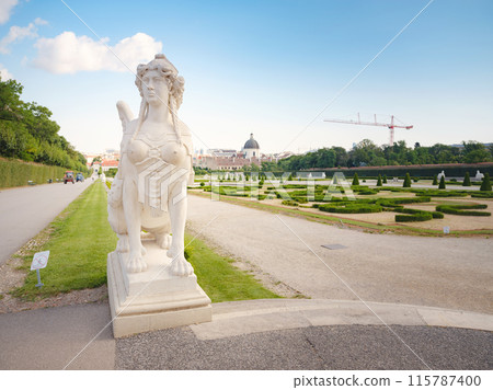 Wien, Austria - July 28, 2023: park near upper Belvedere, with statues and landscaping elements in sunny day Wien, Austria - July 28, 2023: park near upper Belvedere, with statues and landscaping elements in sunny day 115787400
