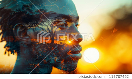 Juneteenth, a day for freedom. A double exposure illustration of an African man's face inside the outline shape and map of Africa, with his skin tone blending seamlessly into different colors 115787462