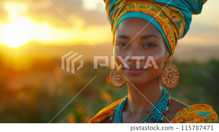 Black history month or Africa day. Beautiful African woman in style of ancient Egyptian style, wearing an intricate headdress and ornate jewelry, standing against the backdrop of mountains at sunset. Black history month or Africa day. Beautiful African woman in style of ancient Egyptian style, wearing an intricate headdress and ornate jewelry, standing against the backdrop of mountains at sunset. 115787471