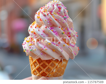 Ice cream in a cone that melts in the hand. with blurred shop background , selective focus. 115787589