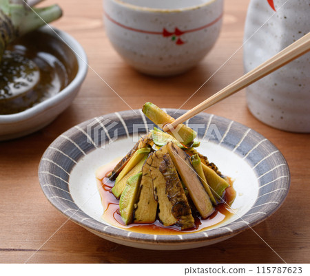 A spicy dish of real wasabi (fresh wasabi) marinated in soy sauce. The crunchy texture of the wasabi makes this dish interesting. 115787623