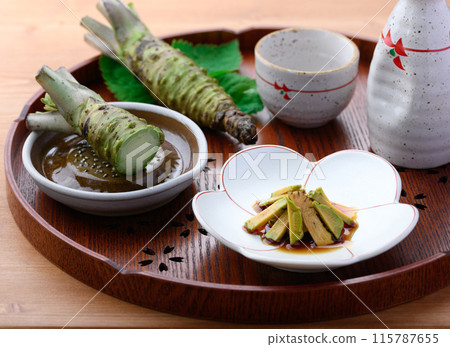 A spicy dish of real wasabi (fresh wasabi) marinated in soy sauce. The crunchy texture of the wasabi makes this dish interesting. A spicy dish of real wasabi (fresh wasabi) marinated in soy sauce. The crunchy texture of the wasabi makes this dish interesting. 115787655