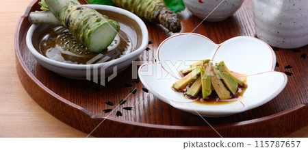 A spicy dish of real wasabi (fresh wasabi) marinated in soy sauce. The crunchy texture of the wasabi makes this dish interesting. A spicy dish of real wasabi (fresh wasabi) marinated in soy sauce. The crunchy texture of the wasabi makes this dish interesting. 115787657