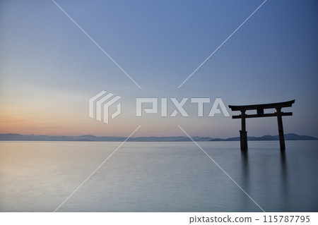 Shirahige Shrine: Large Torii Gate in the Lake in the Early Morning: Horizontal Composition 25 115787795