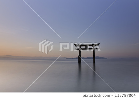 Shirahige Shrine: Large Torii Gate in the Lake in the Early Morning: Horizontal Composition 34 115787804