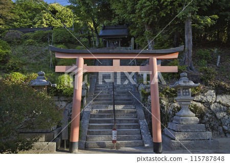 Shirahige Shrine grounds: Torii gate and stone steps leading to the upper shrine, horizontal composition 115787848