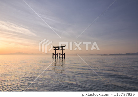 Shirahige Shrine: Large Torii Gate in the Lake in the Early Morning: Horizontal Composition 19 115787929