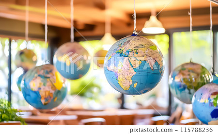 CG material: Image cut of many globes hanging in a classroom 115788236