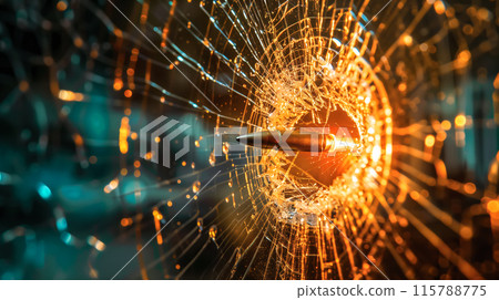 A bullet shatters a pane of glass, sending cracks and shards in all directions. Symbolizes sudden disruption and the power of force. Generative AI. 115788775