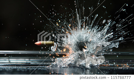 A bullet shatters a pane of glass, sending cracks and shards in all directions. Symbolizes sudden disruption and the power of force. Generative AI. 115788777