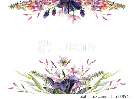 Hand drawn watercolor illustration botanical flowers leaves. Lily clivia amaryllis, foxglove snapdragon lupin, pink lobelia jasmine, willow eucalyptus. Frame isolated on white. Design wedding, cards Hand drawn watercolor illustration botanical flowers leaves. Lily clivia amaryllis, foxglove snapdragon lupin, pink lobelia jasmine, willow eucalyptus. Frame isolated on white. Design wedding, cards 115789544