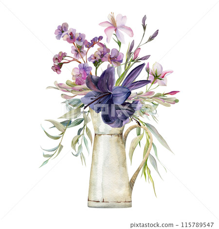 Hand drawn watercolor illustration botanical flowers leaves. Lily clivia amaryllis, bergenia heliotrope lungwort, pink lobelia jasmine, willow eucalyptus. Bouquet in jug isolated white. Wedding, cards Hand drawn watercolor illustration botanical flowers leaves. Lily clivia amaryllis, bergenia heliotrope lungwort, pink lobelia jasmine, willow eucalyptus. Bouquet in jug isolated white. Wedding, cards 115789547
