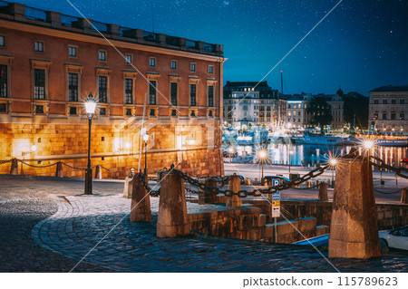 Stockholm, Sweden. Slottsbacken In Old Town Gamla Stan. Famous Popular Destination Scenic Place In Night Lights Stockholm, Sweden. Slottsbacken In Old Town Gamla Stan. Famous Popular Destination Scenic Place In Night Lights 115789623
