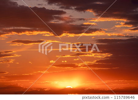 Natural Bright Gold Dramatic Sky In Sunset Dawn Sunrise. Amazing Bold Orange Sunset Sunrise Sky Background. Warm Yellow And Orange Colors 115789646