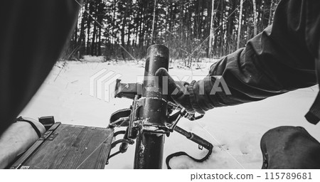 Heroes Of War. Close-up View On Re-enactors Dressed As American Infantry Soldiers Prepare Fire From Mortar. Usa Army Soldiers Of World War Ii. Mortar Shooting Forest. Reconstruction Defense Battles 115789681