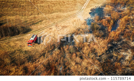 Aerial View. Spring Dry Grass Burns During Drought Hot Weather. 115789714