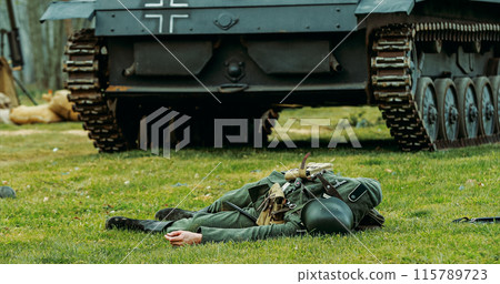 Close Up View On Re-enactor Dressed As German Wehrmacht Soldier 115789723
