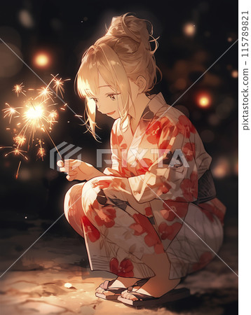 晚上公園裡穿著浴衣、放煙火的女人 115789821