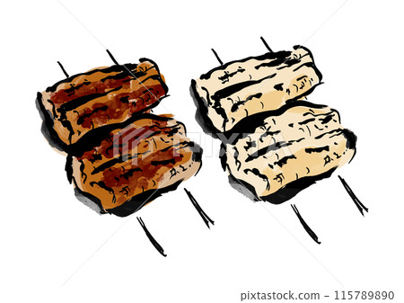 Hand-drawn Japanese-style brush-written illustration of skewered grilled and unagi (grilled eel) 115789890