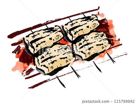 A hand-drawn Japanese-style brush-drawn illustration of skewered eel grilled over charcoal 115789892