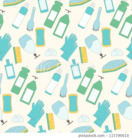 Seamless cleaning supplies pattern with a soft color palette of blues, greens, and yellows, featuring items like spray bottles, gloves, sponges, and soap suds. Vector outline flat illustration. Seamless cleaning supplies pattern with a soft color palette of blues, greens, and yellows, featuring items like spray bottles, gloves, sponges, and soap suds. Vector outline flat illustration. 115790018