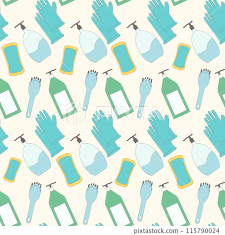 Cleaning seamless pattern. Tools for clean your room repeat background. Cleanup service. Vector line art flat illustration. 115790024