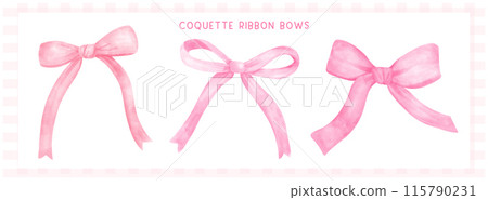Cute Coquette pink ribbon bows banner Preppy Aesthetic Vintage watercolor illustraion set 115790231