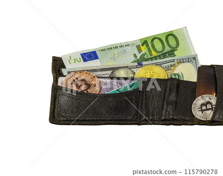 Coin purse, banknotes and Bitcoin coins on white background, close-up Coin purse, banknotes and Bitcoin coins on white background, close-up 115790278