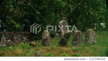 Old ancient Jewish cemetery in summer spring day. green grass and many ancient stones. Headstone Headstones Tombstones jewish grave 115790293