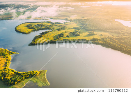 Lyepyel District, Vitebsk Region, Belarus. Aerial View Of Residential Area With Houses In Countryside. Morning Fog Above Lepel Lake 115790312