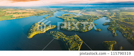 Lyepyel, Lepel Lake, Beloozerny District, Vitebsk Region. Aerial View Of Lyepyel Cityscape Skyline In Autumn Morning. Morning Fog Above Lepel Lake. Top View Of European Nature From High Attitude In Lyepyel, Lepel Lake, Beloozerny District, Vitebsk Region. Aerial View Of Lyepyel Cityscape Skyline In Autumn Morning. Morning Fog Above Lepel Lake. Top View Of European Nature From High Attitude In 115790319