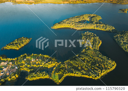 Lyepyel, Lepel Lake, Beloozerny District, Vitebsk Region. Aerial View Of Lyepyel Cityscape Skyline In Autumn Morning. Morning Fog Above Lepel Lake. Top View Of European Nature From High Attitude In Lyepyel, Lepel Lake, Beloozerny District, Vitebsk Region. Aerial View Of Lyepyel Cityscape Skyline In Autumn Morning. Morning Fog Above Lepel Lake. Top View Of European Nature From High Attitude In 115790320