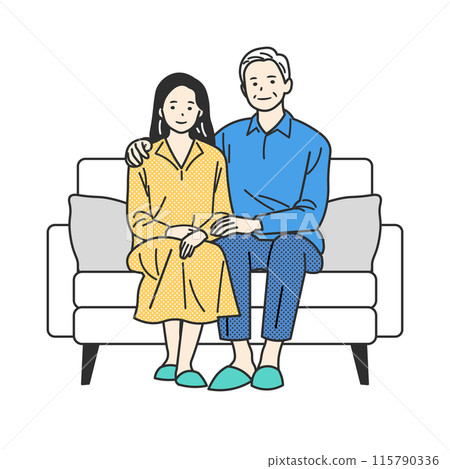 A family of a young woman and a senior man sitting on a sofa 115790336