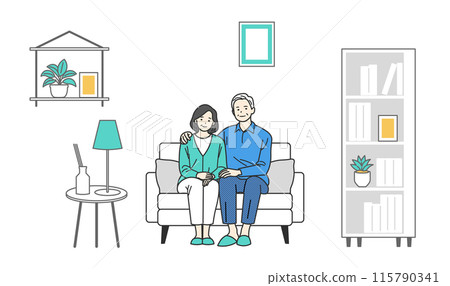 坐在沙發上的老人和老人的家庭 坐在沙發上的老人和老人的家庭 115790341