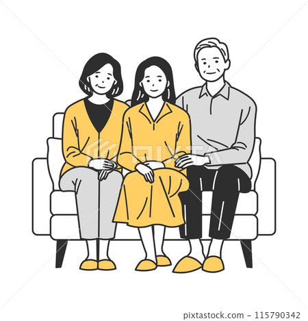 A young woman and a senior couple sitting on a sofa A young woman and a senior couple sitting on a sofa 115790342
