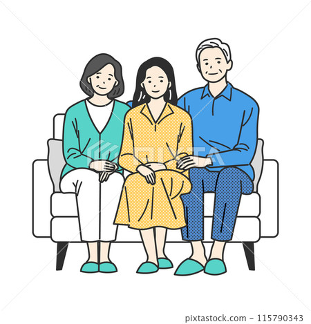 年輕女子和年長夫婦的家庭坐在沙發上 115790343
