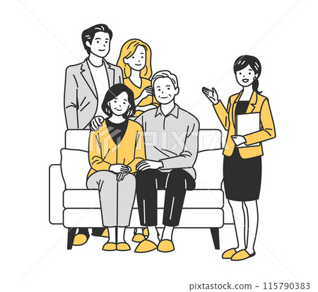 Senior couple, two-generation family sitting on a sofa and a woman showing them rooms and insurance Senior couple, two-generation family sitting on a sofa and a woman showing them rooms and insurance 115790383