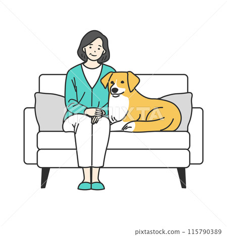 Senior woman sitting on sofa with her pet dog 115790389